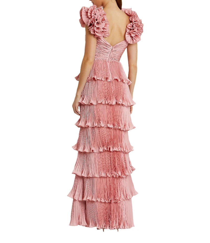 Mac Duggal Satin Sweetheart Neck Ruffle Cap Sleeve Tiered Pleated Fit and Flare Gown