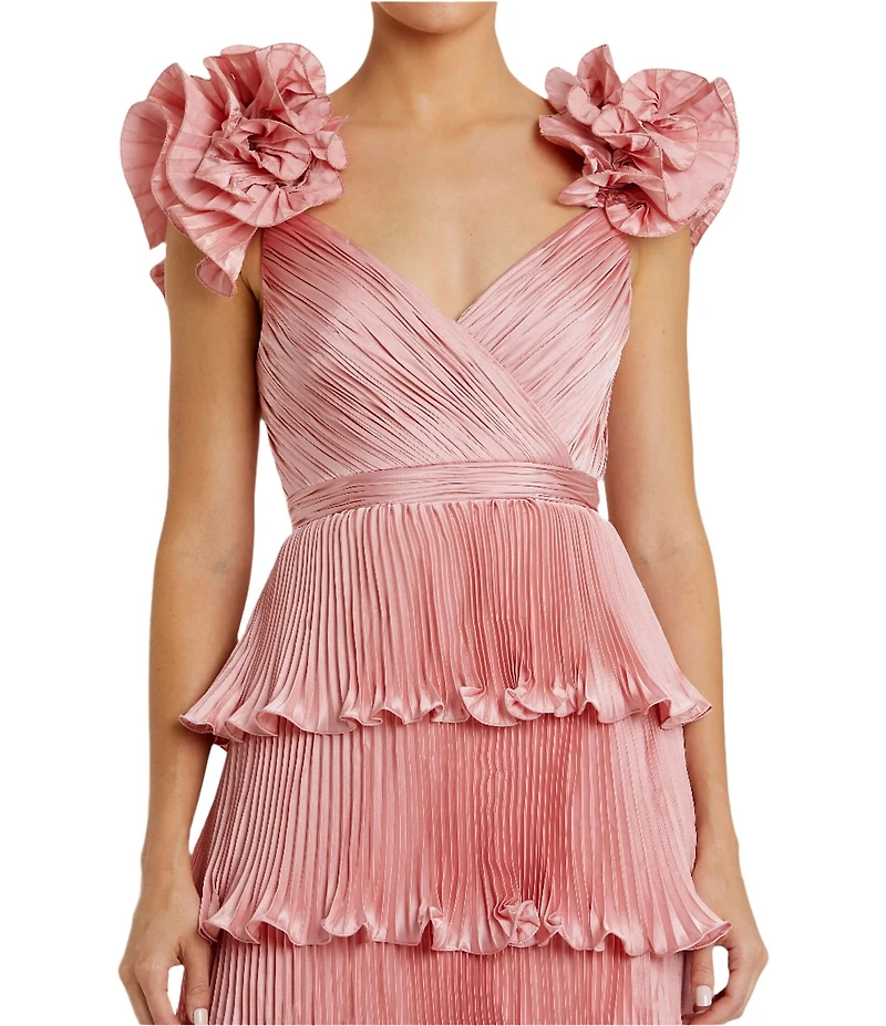 Mac Duggal Satin Sweetheart Neck Ruffle Cap Sleeve Tiered Pleated Fit and Flare Gown