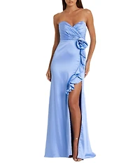 Mac Duggal Satin Sweetheart Neck Sleeveless 3D Flower Ruffle Gown