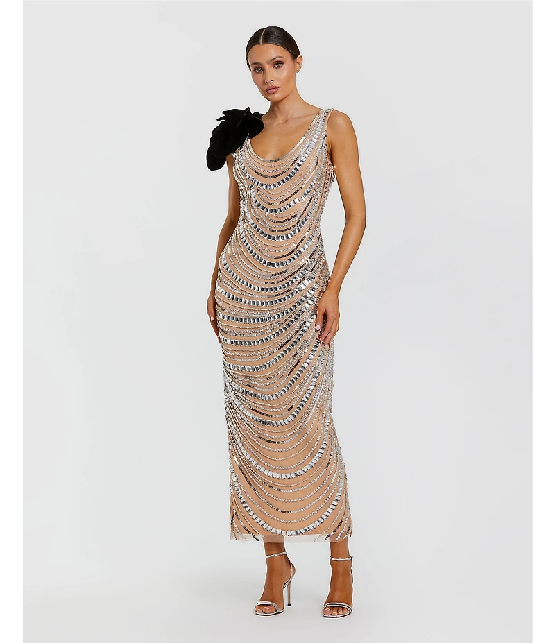 Mac Duggal Scoop Neck Beaded Mesh Cowl Back Dress