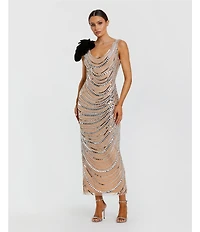 Mac Duggal Scoop Neck Beaded Mesh Cowl Back Dress