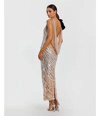 Mac Duggal Scoop Neck Beaded Mesh Cowl Back Dress