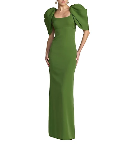 Mac Duggal Scoop Neck Dramatic Puff Sleeve Crepe Gown