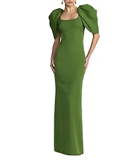 Mac Duggal Scoop Neck Dramatic Puff Sleeve Crepe Gown