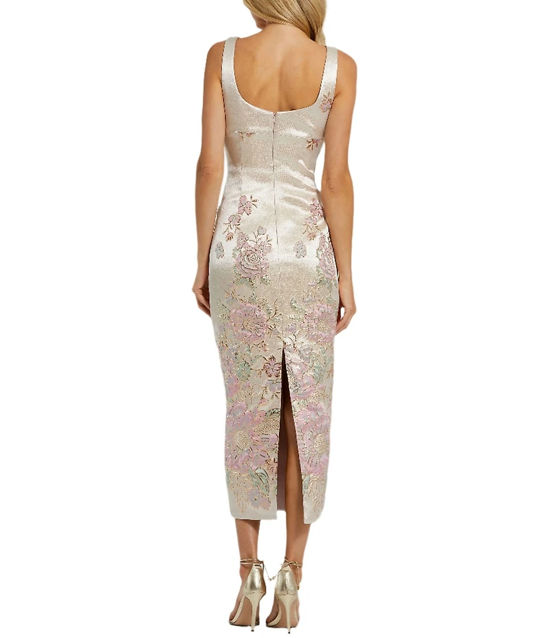Mac Duggal Scoop Neck Sleeveless Floral Brocade Sheath Midi Dress