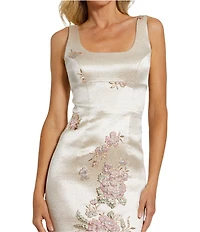 Mac Duggal Scoop Neck Sleeveless Floral Brocade Sheath Midi Dress