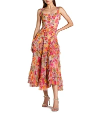 Mac Duggal Scoop Neck Sleeveless Mesh Micro Ruffle Midi Dress