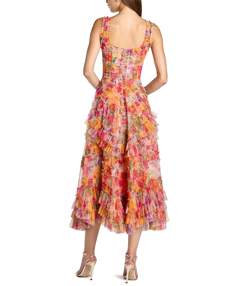 Mac Duggal Scoop Neck Sleeveless Mesh Micro Ruffle Midi Dress
