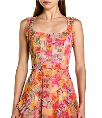 Mac Duggal Scoop Neck Sleeveless Mesh Micro Ruffle Midi Dress