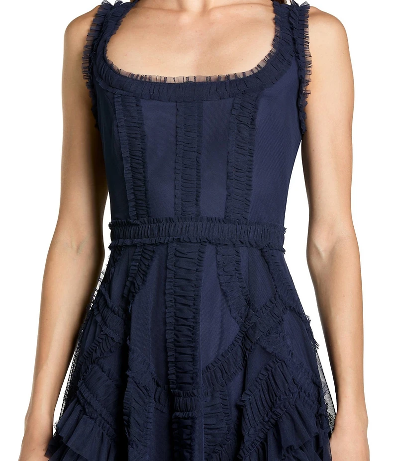 Mac Duggal Scoop Neck Sleeveless Micro Ruffle Mesh Aline Midi Dress