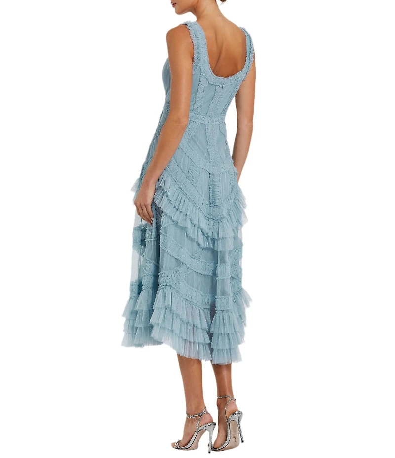 Mac Duggal Scoop Neck Sleeveless Micro Ruffle Mesh Aline Midi Dress