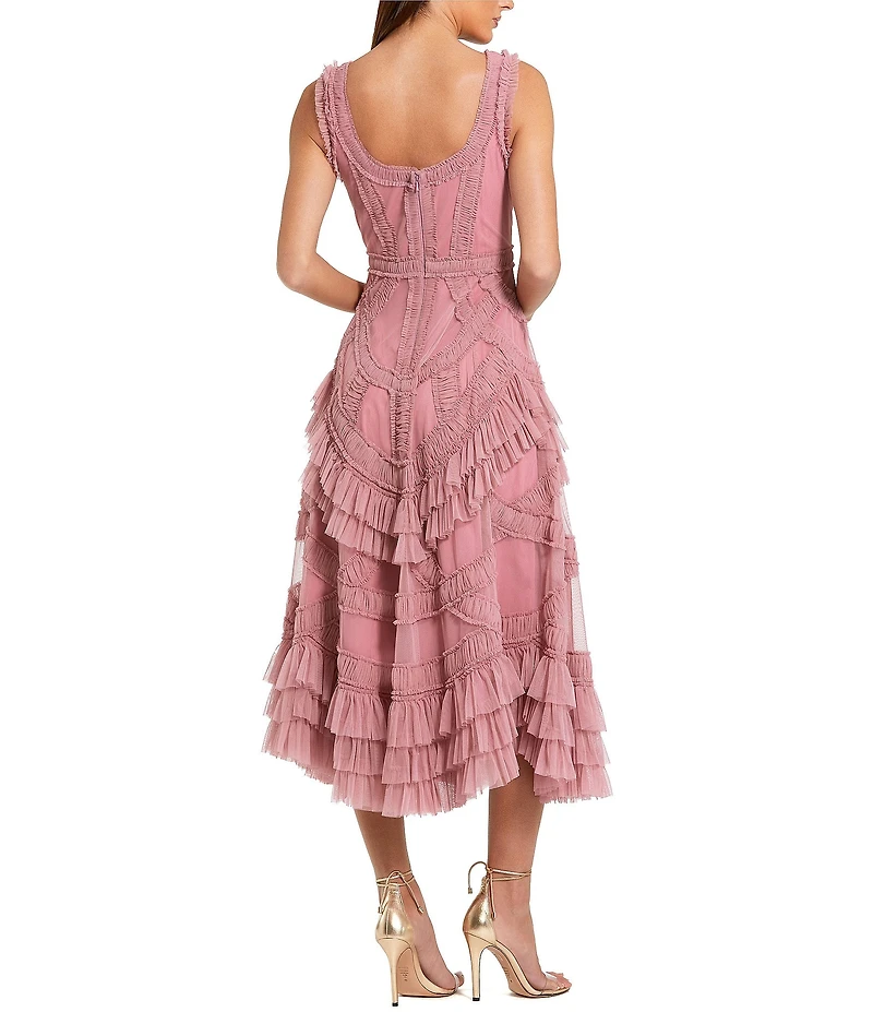 Mac Duggal Scoop Neck Sleeveless Micro Ruffle Mesh Aline Midi Dress