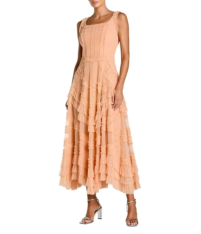 Mac Duggal Scoop Neck Sleeveless Micro Ruffle Mesh Aline Midi Dress