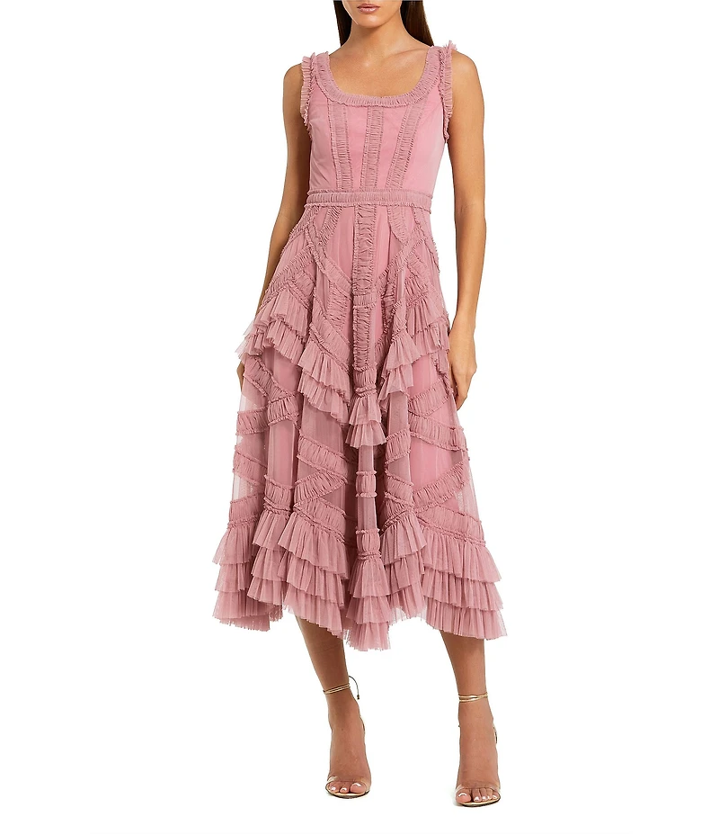 Mac Duggal Scoop Neck Sleeveless Micro Ruffle Mesh Aline Midi Dress