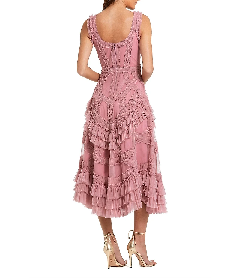 Mac Duggal Scoop Neck Sleeveless Micro Ruffle Mesh Aline Midi Dress