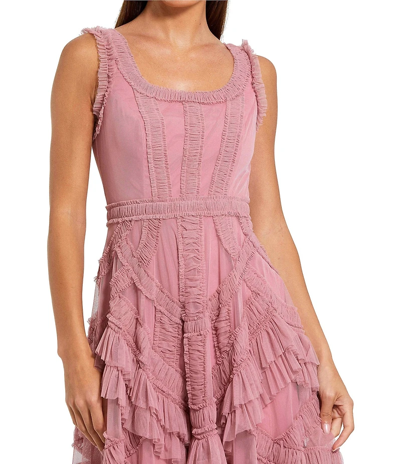Mac Duggal Scoop Neck Sleeveless Micro Ruffle Mesh Aline Midi Dress