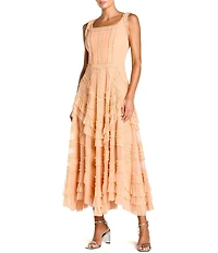 Mac Duggal Scoop Neck Sleeveless Micro Ruffle Mesh Aline Midi Dress