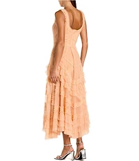 Mac Duggal Scoop Neck Sleeveless Micro Ruffle Mesh Aline Midi Dress