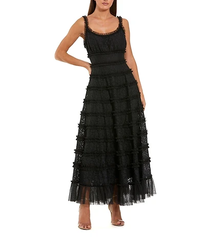 Mac Duggal Scoop Neckline Sleeveless Lace A-Line Ruffle Midi Dress