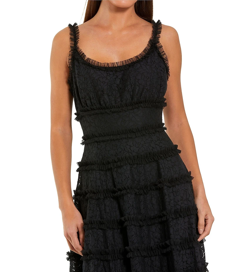 Mac Duggal Scoop Neckline Sleeveless Lace A-Line Ruffle Midi Dress