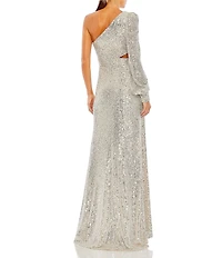 Mac Duggal Sequin Asymmetrical Neck Long Balloon Sleeve Cut Out Side Thigh High Slit Ruffle Hem Gown