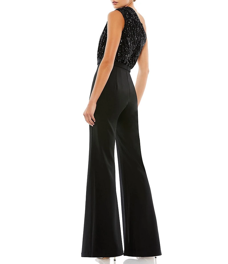 Mac Duggal Sequin Asymmetrical One Shoulder Sleeveless Satin Flare Leg Jumpsuit