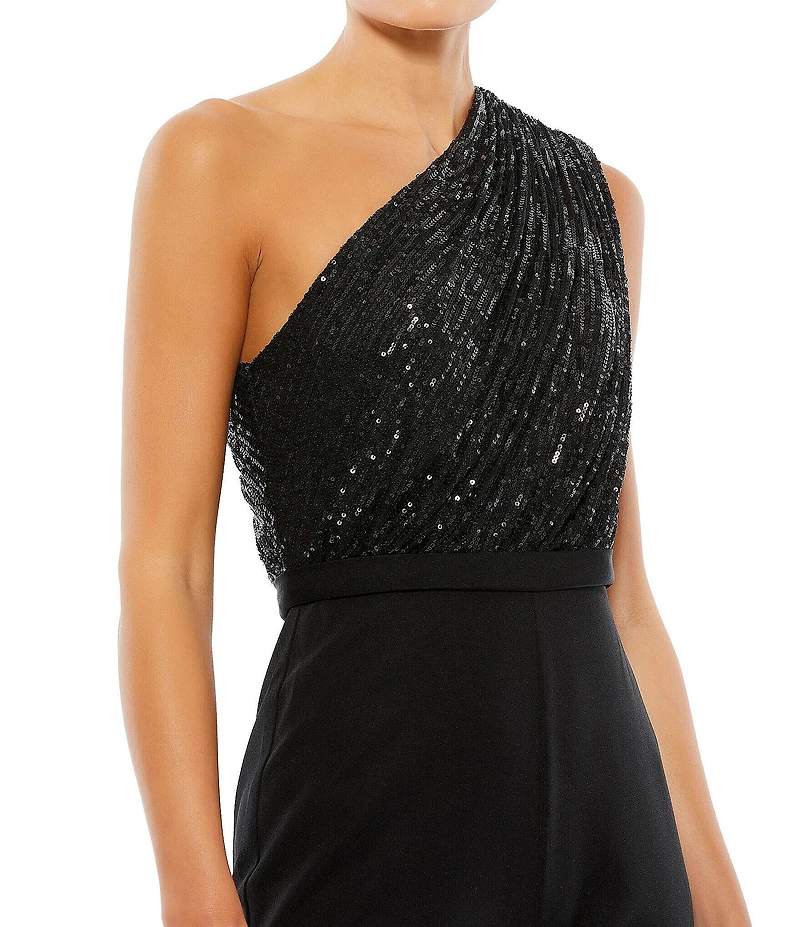 Mac Duggal Sequin Asymmetrical One Shoulder Sleeveless Satin Flare Leg Jumpsuit
