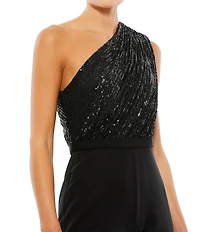 Mac Duggal Sequin Asymmetrical One Shoulder Sleeveless Satin Flare Leg Jumpsuit