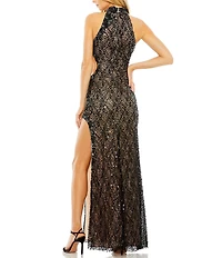 Mac Duggal Sequin Beaded Halter Neck Sleeveless Side Cut-Out Gown
