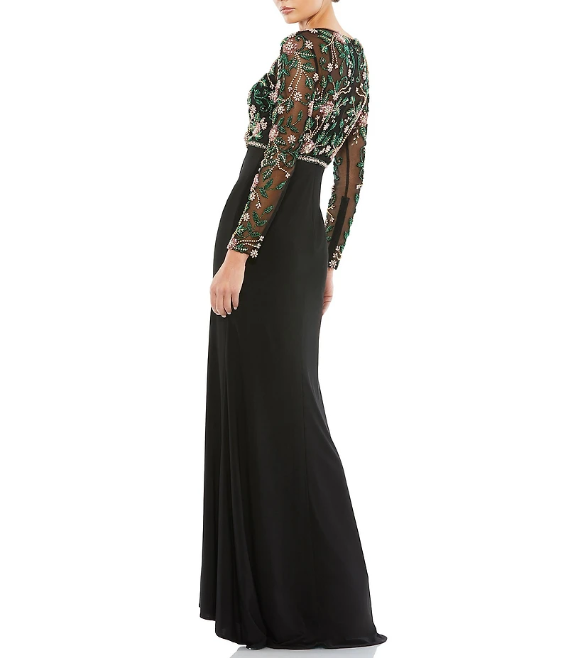Mac Duggal Sequin Beaded Mesh Boat Neck Long Sleeve Gown