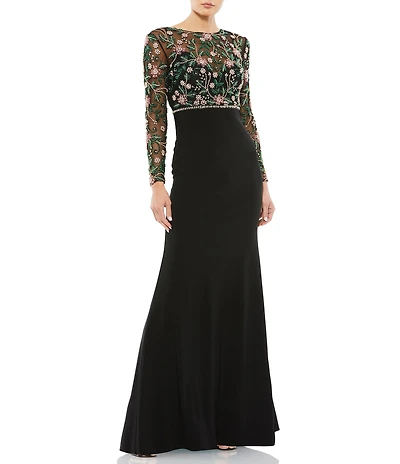 Mac Duggal Sequin Beaded Mesh Boat Neck Long Sleeve Gown