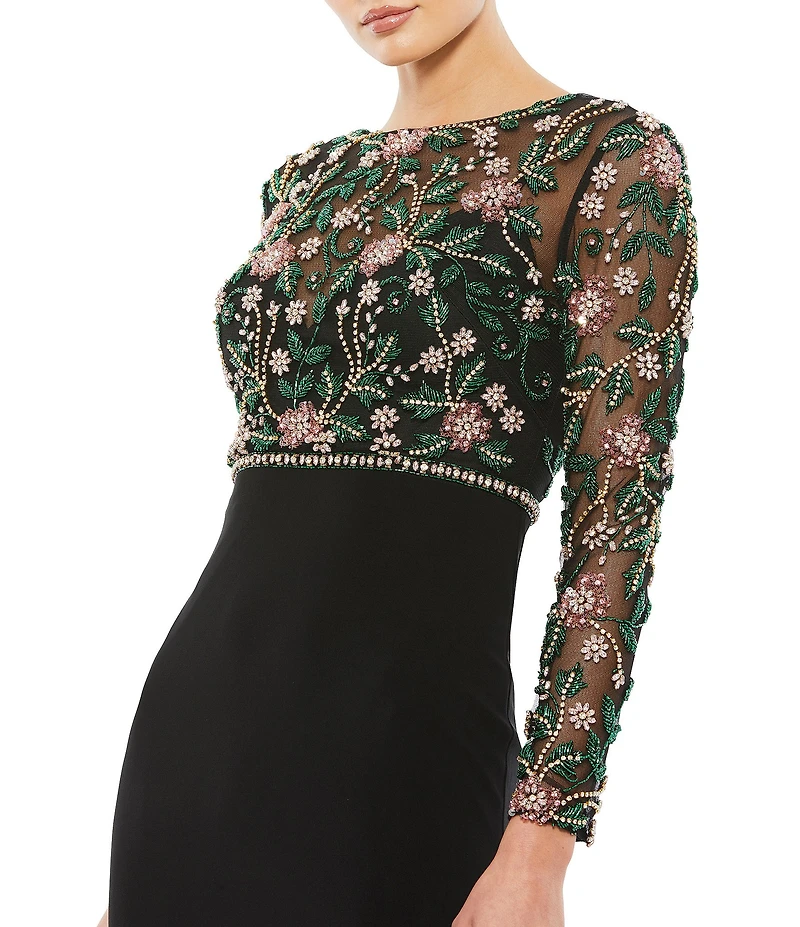 Mac Duggal Sequin Beaded Mesh Boat Neck Long Sleeve Gown