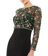 Mac Duggal Sequin Beaded Mesh Boat Neck Long Sleeve Gown