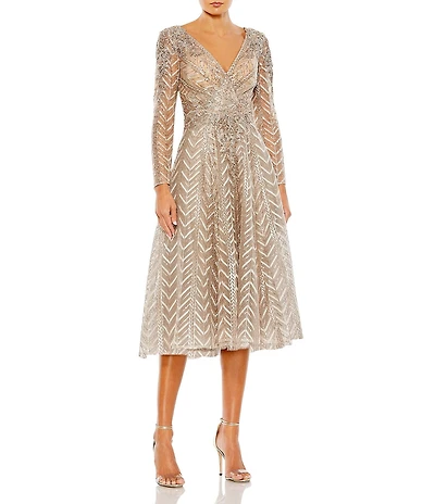 Mac Duggal Sequin Beaded Surplice V-Neck Long Sleeve A-Line Midi Dress