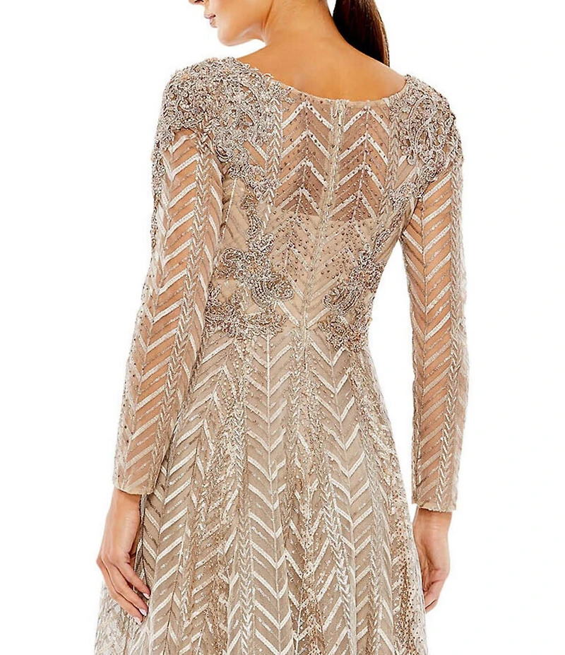 Mac Duggal Sequin Beaded Surplice V-Neck Long Sleeve A-Line Midi Dress