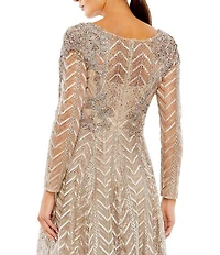 Mac Duggal Sequin Beaded Surplice V-Neck Long Sleeve A-Line Midi Dress