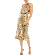 Mac Duggal Sequin Crew Neck Sleeveless Blouson Midi Dress