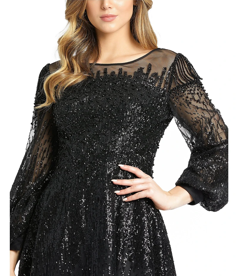 Mac Duggal Sequin Embellished Boat Neck A Line Long Sleeve Gown