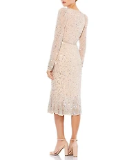 Mac Duggal Sequin Embellished Flounce Hem Surplice V-Neck Long Sleeve Midi Dress
