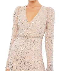 Mac Duggal Sequin Embellished Flounce Hem Surplice V-Neck Long Sleeve Midi Dress