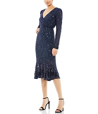 Mac Duggal Sequin Embellished Flounce Hem Surplice V-Neck Long Sleeve Midi Dress