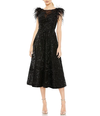 Mac Duggal Sequin Embellished Illusion Boat Neck Feather Shoulder Sleeveless Midi Dress