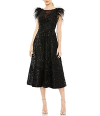 Mac Duggal Sequin Embellished Illusion Boat Neck Feather Shoulder Sleeveless Midi Dress