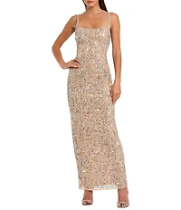 Mac Duggal Sequin Embellished Mesh Square Neck Sleeveless Column Gown