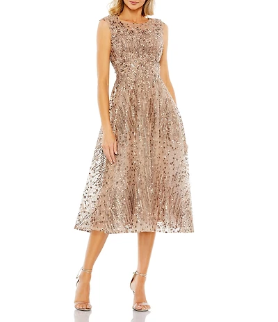 Mac Duggal Sequin Embroidered Cap Sleeve A-Line Midi Dress