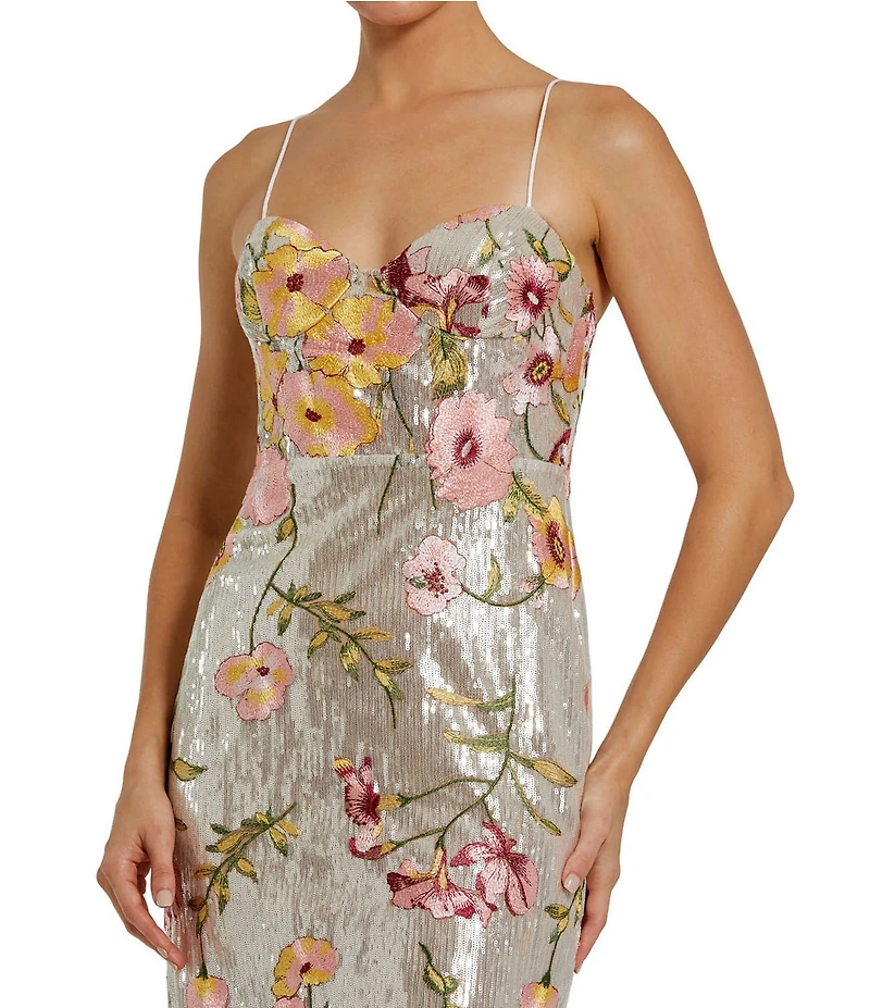Mac Duggal Sequin Embroidered Floral Sweetheart Neck Sleeveless Spaghetti Straps Chemise Gown