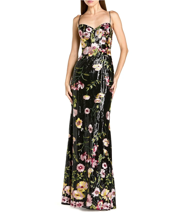 Mac Duggal Sequin Embroidered Floral Sweetheart Neck Sleeveless Spaghetti Straps Chemise Gown