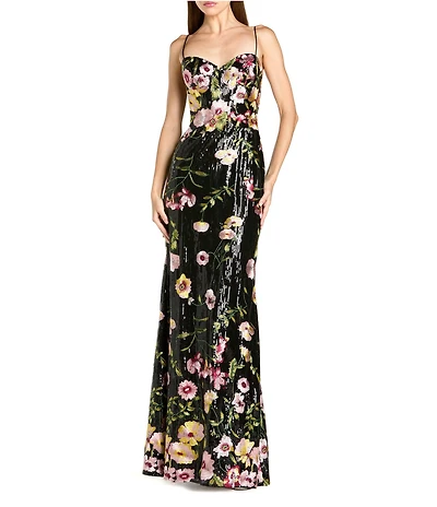 Mac Duggal Sequin Embroidered Floral Sweetheart Neck Sleeveless Spaghetti Straps Chemise Gown
