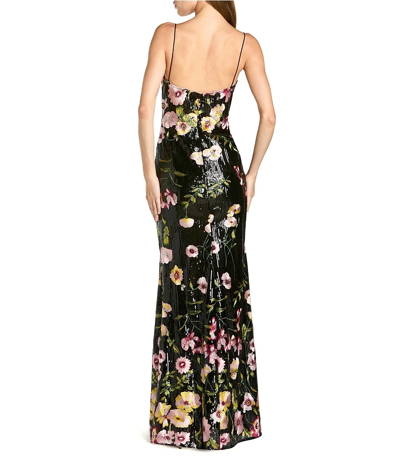 Mac Duggal Sequin Embroidered Floral Sweetheart Neck Sleeveless Spaghetti Straps Chemise Gown
