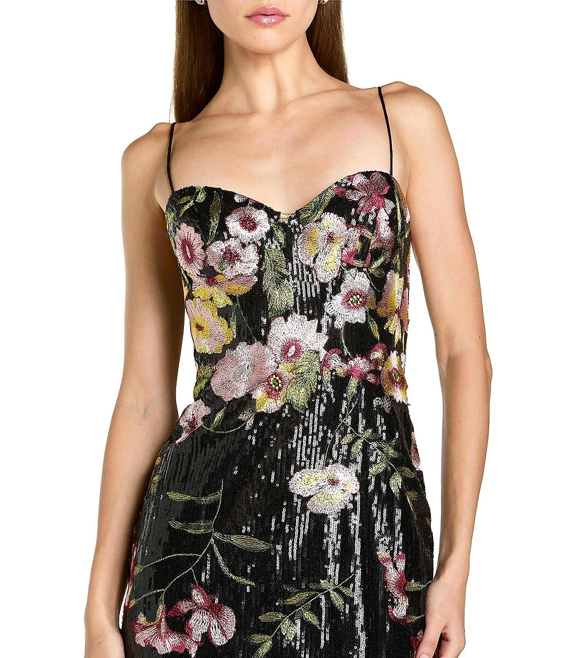 Mac Duggal Sequin Embroidered Floral Sweetheart Neck Sleeveless Spaghetti Straps Chemise Gown